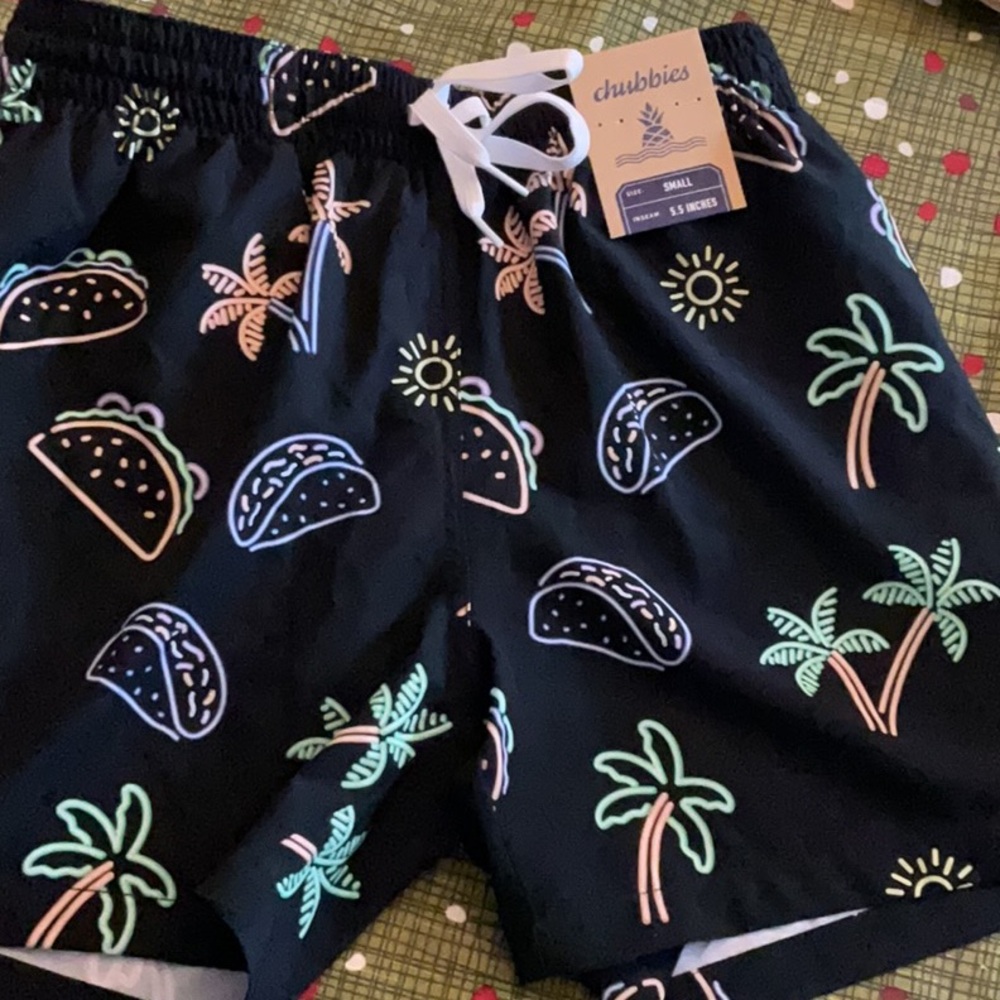 Chubbies Black and Green Swim Trunks with Tropical Print
